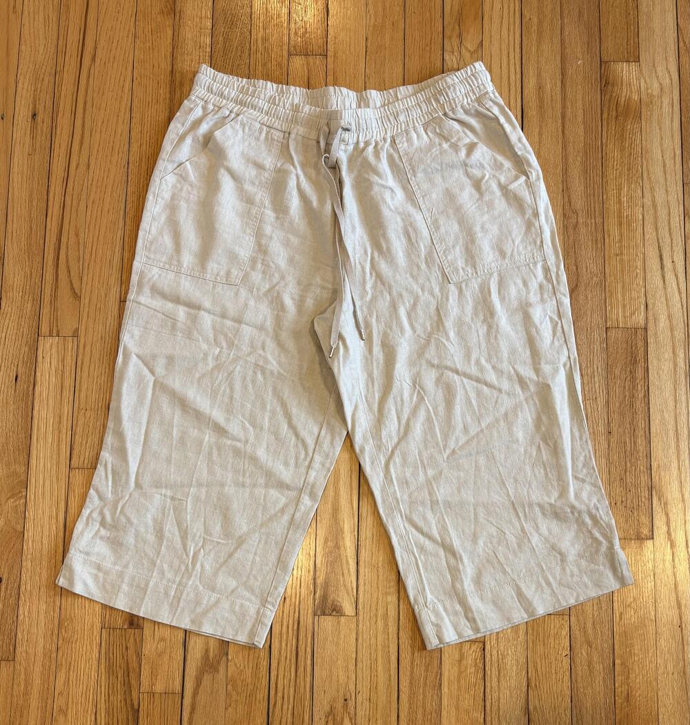 Land 'n Sea Cropped Pants Womens 1X Beige Linen Rayon Wide Leg Pockets Pull On
